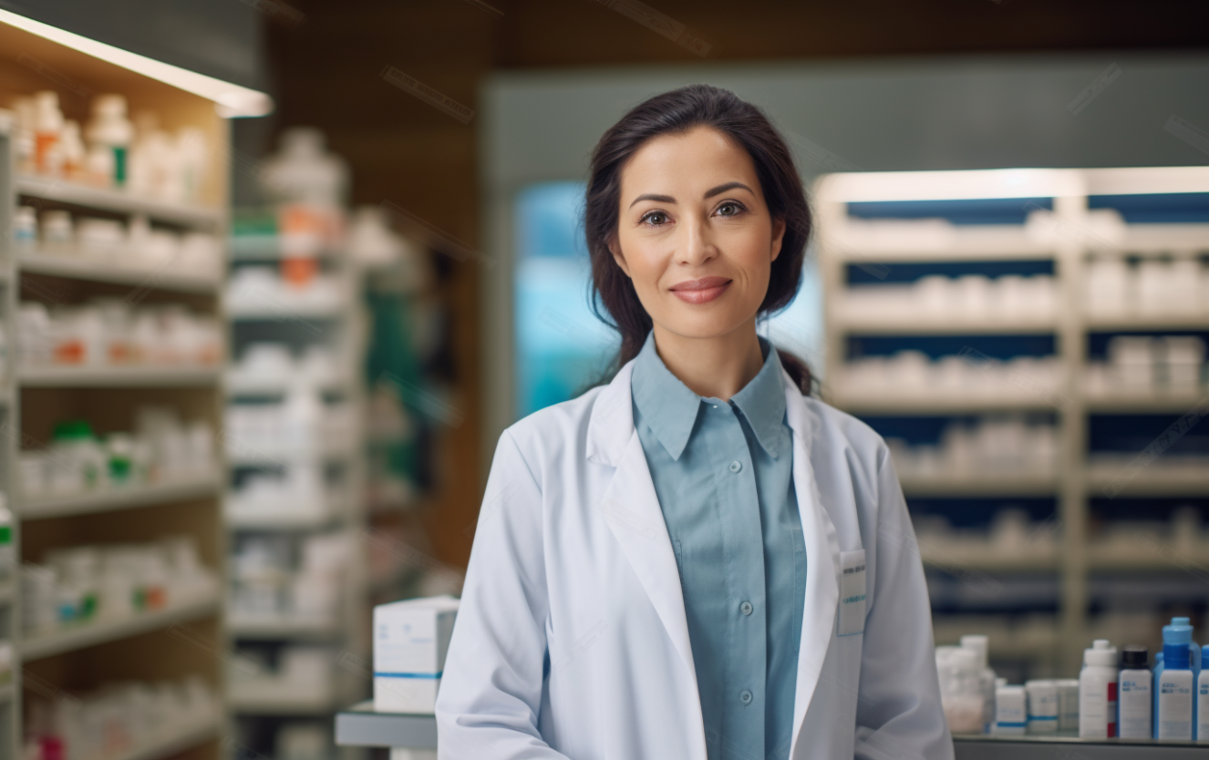 Pharmacienne avec une blouse au sein de sa pharmacie