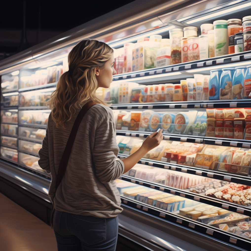 Une femme devant un rayon de supermarché