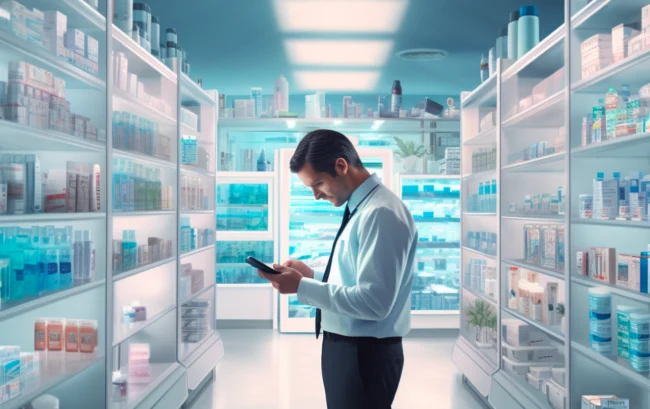 Un pharmacien qui utilise son téléphone dans le cadre de la digitalisation de sa pharmacie