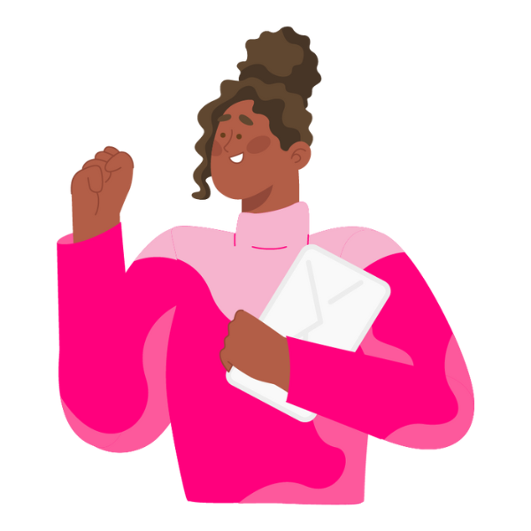 a women with a pink sweater holding an email