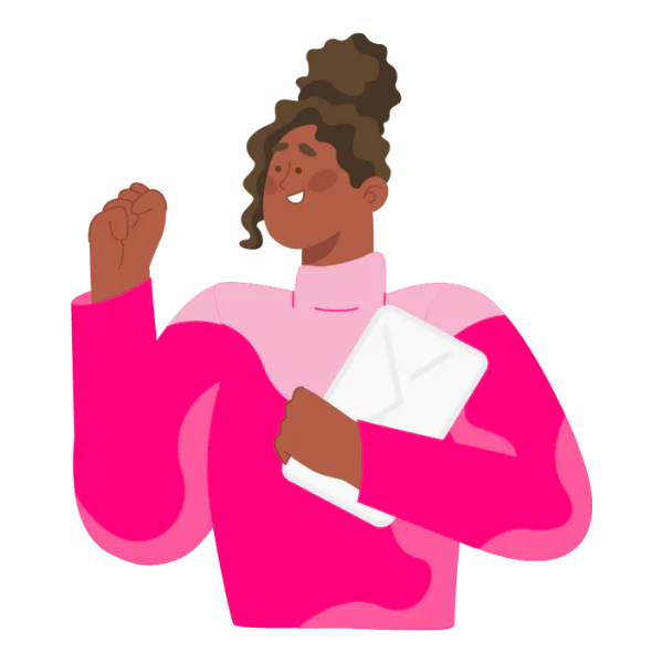 a women with a pink sweater holding an email