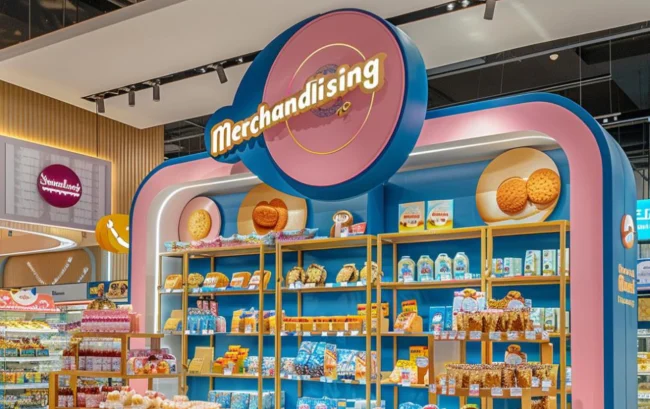 Un corner de supermarché avec écrit "Merchandising" au-dessus