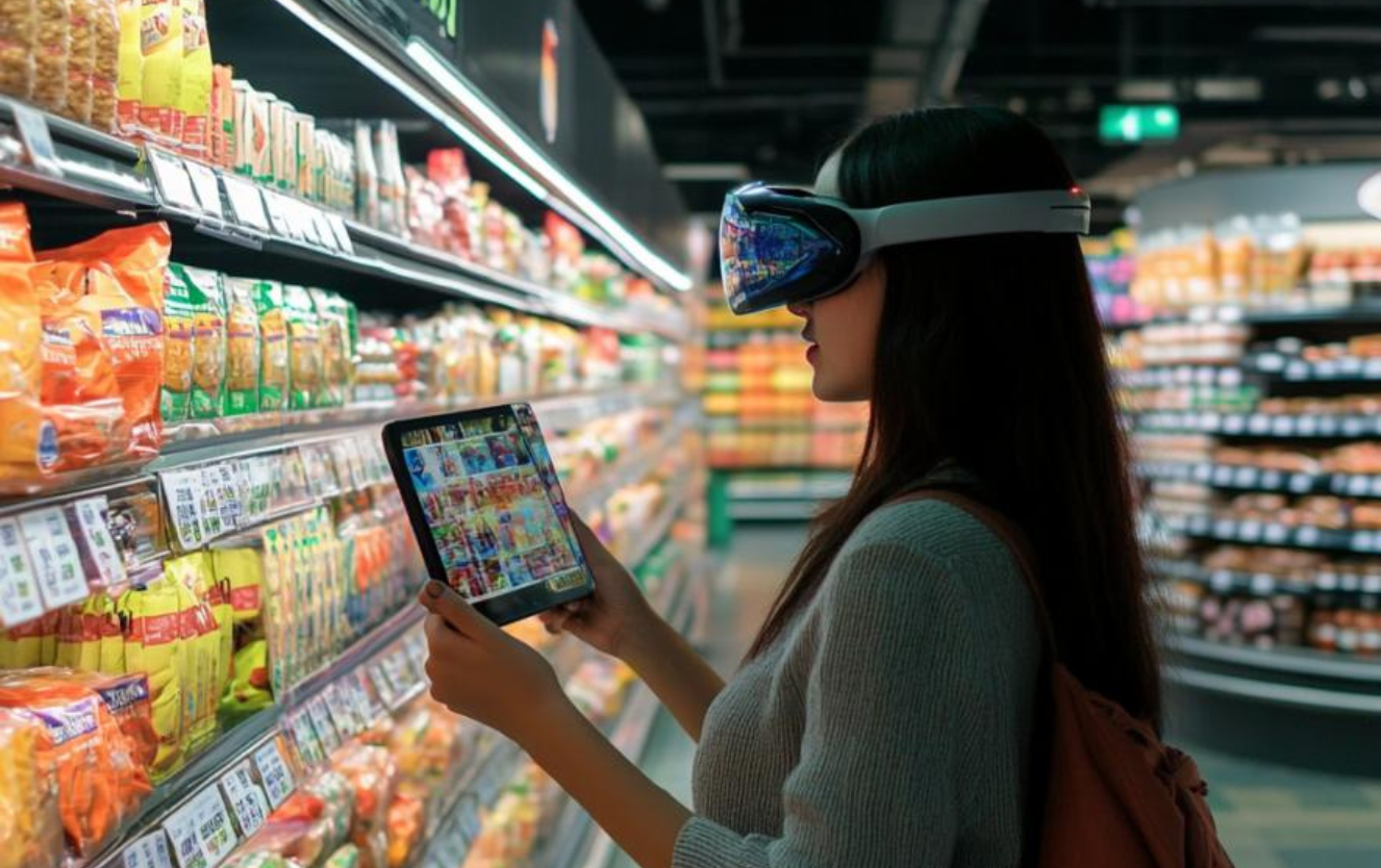 Femme qui fait ses courses avec la réalité augmentée