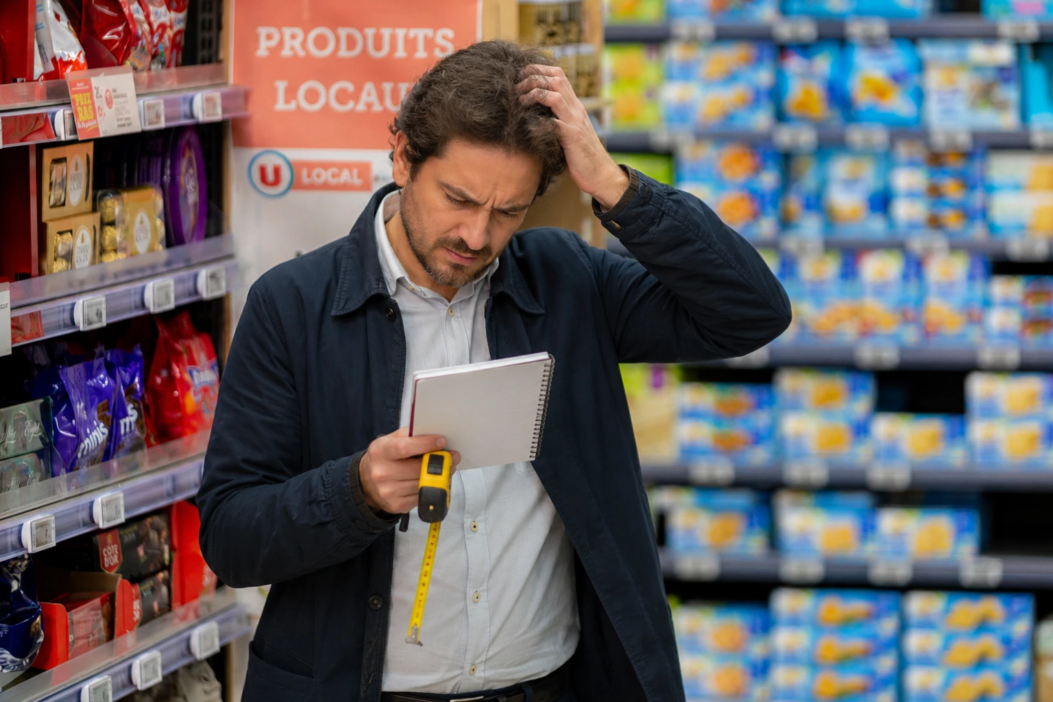 Commercial réalisant difficilement un relevé de linéaire manuel sur papier en magasin